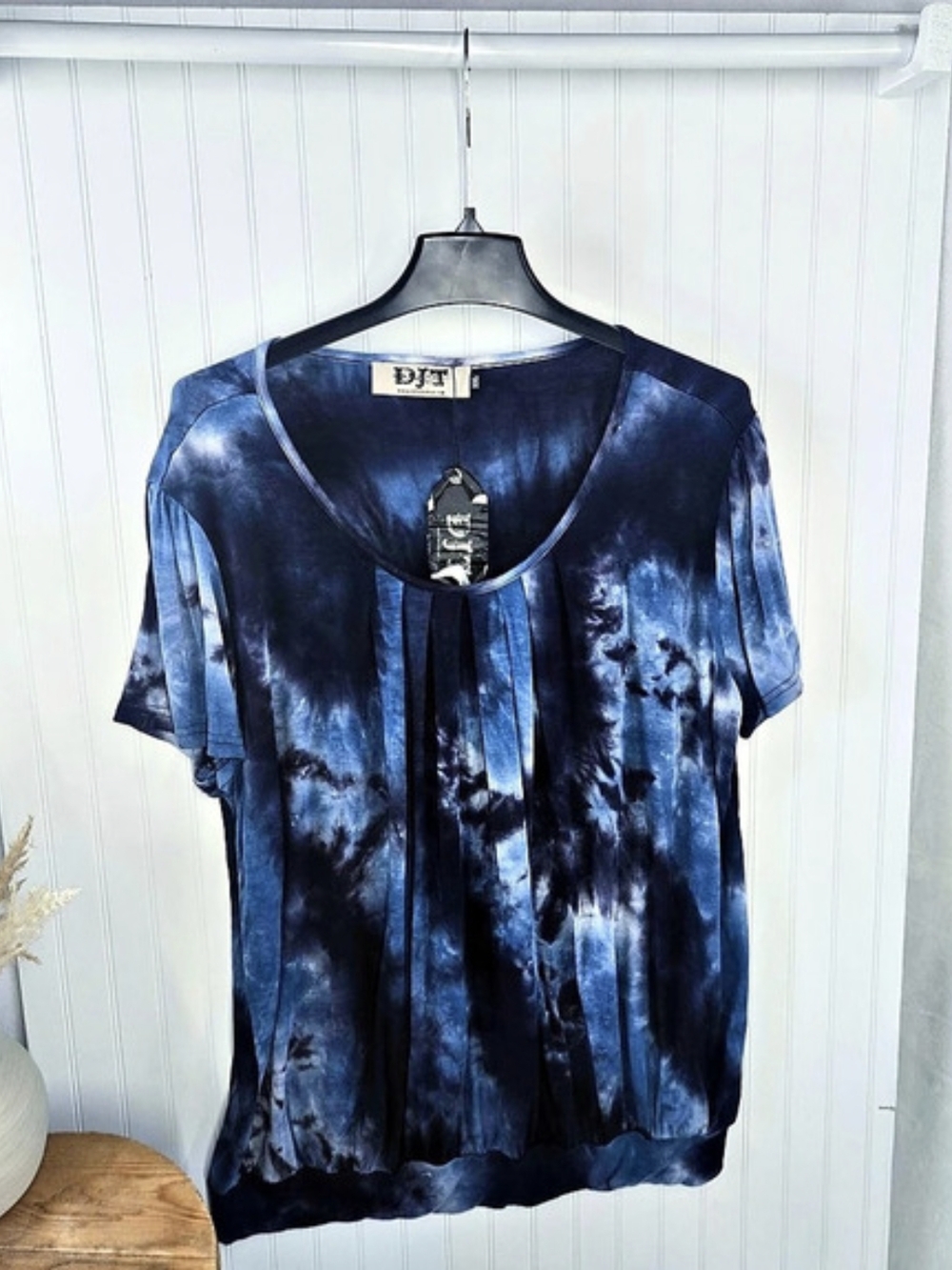 DJT Blue Tie Dye Short Sleeve Pleated Tunic Top NWT Women's XXL Boho